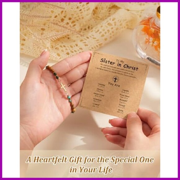 Adjustable Cross Bracelet with Natural Stones, Christian Gift for Women - Picture 5 of 8